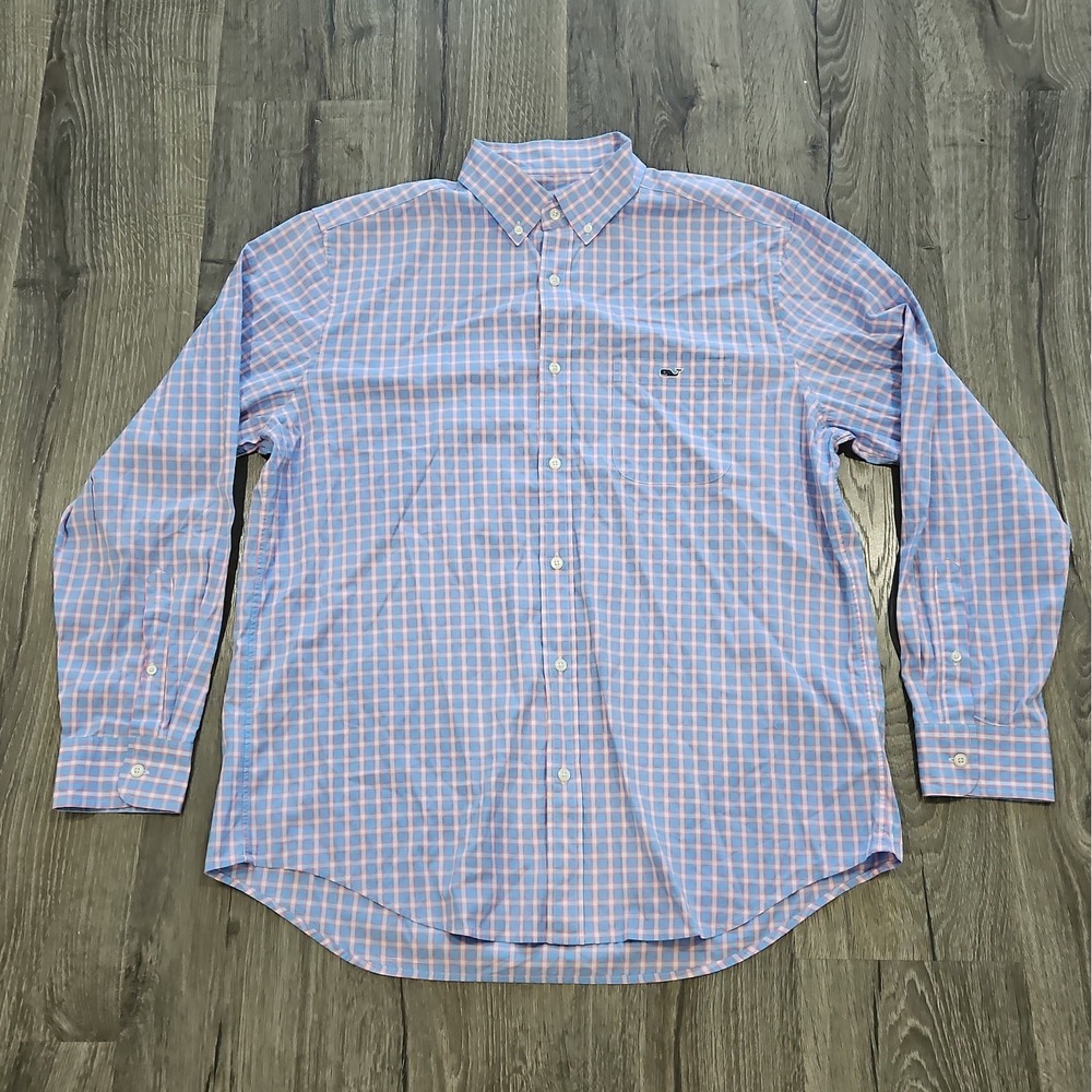 Vineyard Vines Shirt Men's Large Blue Pink Plaid Classic Fit Tucker LS Easter